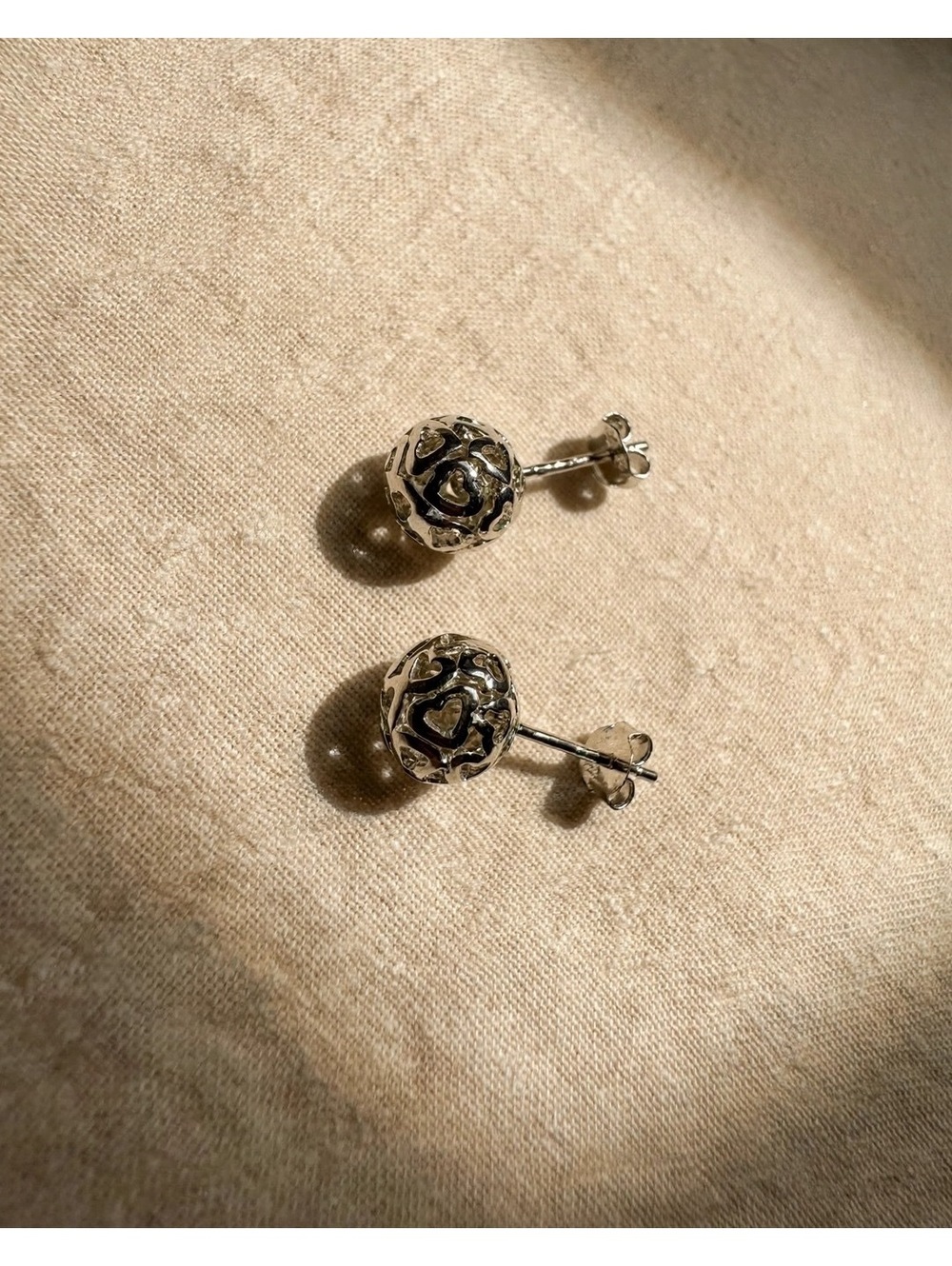 Silver Tone Filigree Ball Stud Earrings – Heart Openwork Post Back Earrings